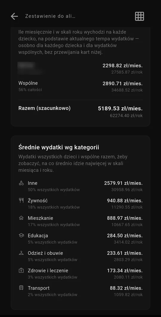 Ekran aplikacji Skrytka: Zestawienie wydatków