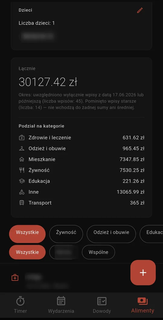 Ekran aplikacji Skrytka: Alimenty