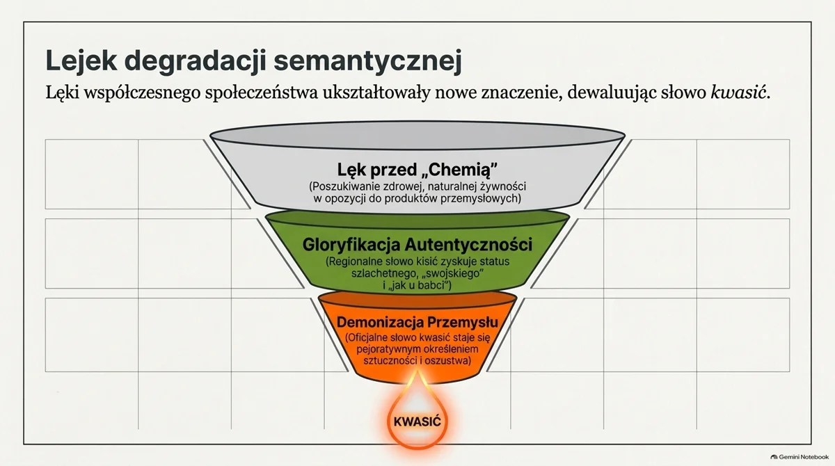 Slajd: Lejek degradacji semantycznej. Trzy poziomy lejka: lęk przed „chemią” (poszukiwanie naturalnej żywności w opozycji do przemysłowej), gloryfikacja autentyczności (regionalne słowo „kisić” zyskuje status swojskiego) i demonizacja przemysłu (oficjalne słowo „kwasić” staje się określeniem sztuczności). Na dole kropla z napisem „kwasić”. Grafika wygenerowana przez AI.